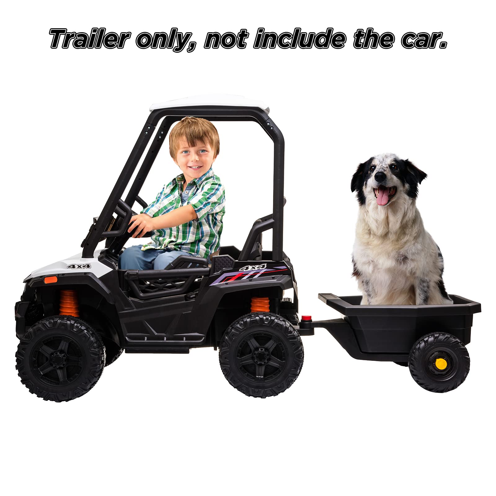 Trailer for Kids Ride On Car UTV, with Spring Suspension LED Lights AUX Port Music USB for 3-8 Years Old Boys Girls (Trailer Only)