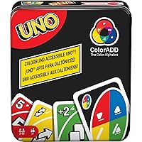 UNO Card Game ColorADD for Colorblind & Color Sighted Players, Travel Game in Storage Tin for 2-10 Players