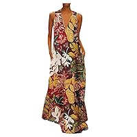Women's Bohemian Beach Print Sleeveless Long Swing V-Neck Trendy Glamorous Dress Flowy Casual Loose-Fitting Summer