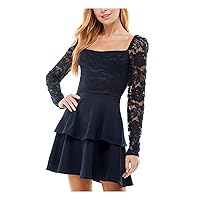 Womens Navy Lace Zippered Long Sleeve Square Neck Short Party Fit + Flare Dress Juniors 9
