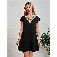 Dresses for Women Women's Dress Geometric Trim Dolman Sleeve Tunic Dress Dresses (Color : Black, Size : Medium)