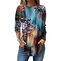 Womens 2024 Long Sleeve Tops Spring Casual Crewneck Shirts Fashion Vintage Floral Print Basic Blouse