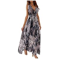 Flower Dresses for Women 2024, Womens Casual Print Bandage Elastic Waist V Neck Sleeveless Pullover Dress, S, XXL