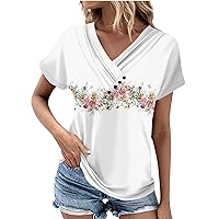 Trendy Summer Clothes for Women Going Out Tops for Women Floral Print Casual Pretty Fashion Button Patchwork with Short Sleeve V Neck Shirts White Medium