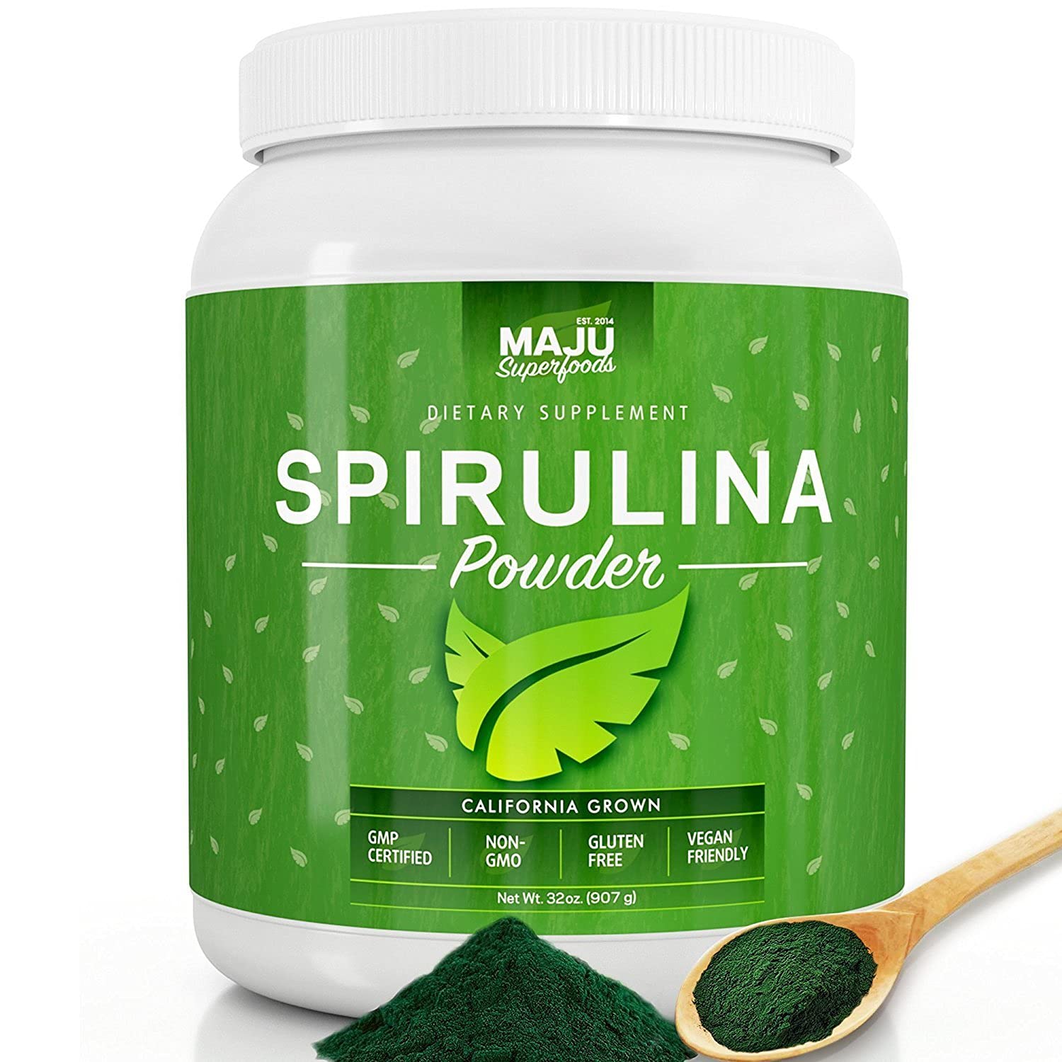 MAJU's California Grown Spirulina Powder (2 Pound): Non-Irradiated, Non-GMO, Spirulina Recipe eBook with Purchase, Vegan, Gluten-Free