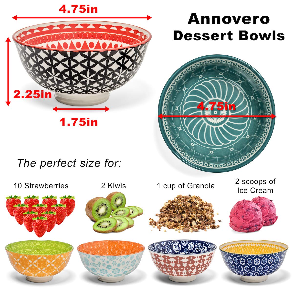 Annovero Ice Cream Bowls - for Salsa, Dessert, Rice, Charcuterie Accessories Cups, Ramekins, Small Serving Dishes for Entertaining, 4.75 Inch Diameter, 10 Fluid Ounce (1.25 Cup) Capacity, Set of 6