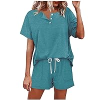 Women's Pajamas Set Solid Color V Neck Short Sleeved Drawstring Shorts Casual Sleepwear 2 Piece PJ Sets Loungewear