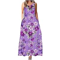 Women Summer Sleeveless Floral Print Crew Neck Maxi Slim Dress Boho Beach Long Sundress Floral Maxi Dresses for