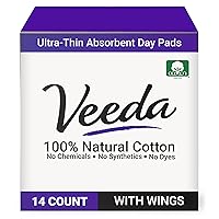 Veeda Ultra-Thin Absorbent Day Pads with 100% Natural Cotton Top Sheet are Always Chlorine and Fragrance Free, Hypoallergenic, Natural Cotton Sanitary Napkins, 14 Count