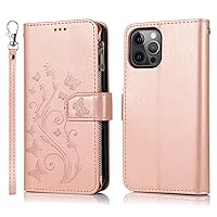 Case for iPhone 13/13 Pro/ 13 Pro Max,Leather Flip Case Butterfly Embossing Woman Wallet Folio Card Holders Kickstand Wrist Strap TPU Shockproof Phone Cover,Pink,13 pro max 6.7''