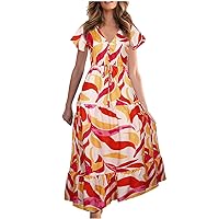 Women's Bohemian Beach V-Neck Trendy Dress Foral Print Hawai Casual Summer Swing Sleeveless Long Floor Maxi Flowy Watermelon Red