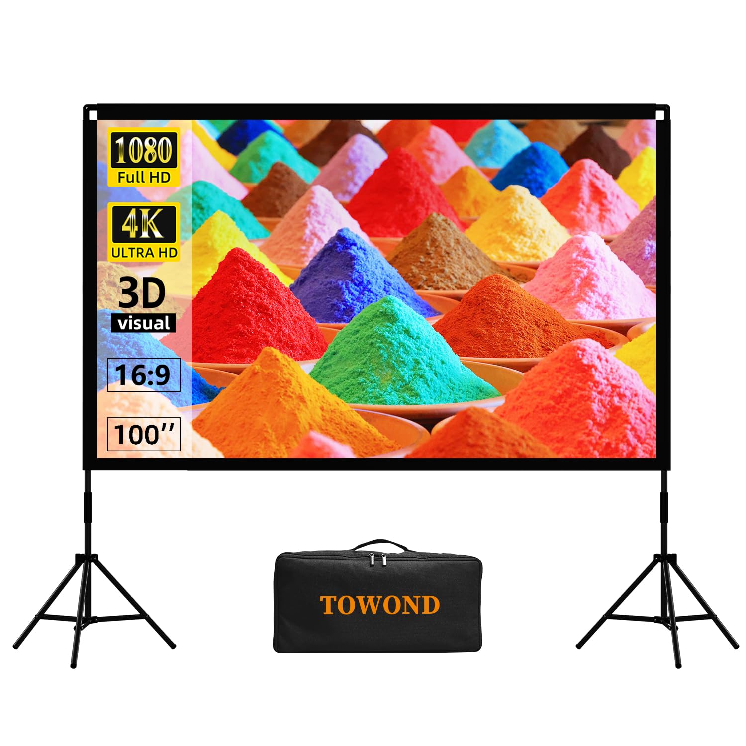 Projector Screen and Stand, Towond 100 inch Portable Movie Screen Indoor Outdoor 16:9 4K HD Front Rear Projection Screen with Carry Bag Wrinkle-Free and Foldable Design for Backyard Movie Night
