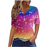 Womens Gradient T Shirts V Neck Rolled Short Sleeve Tops Summer Casual Graphic Tees Trendy Loose Fit Dressy Blouses