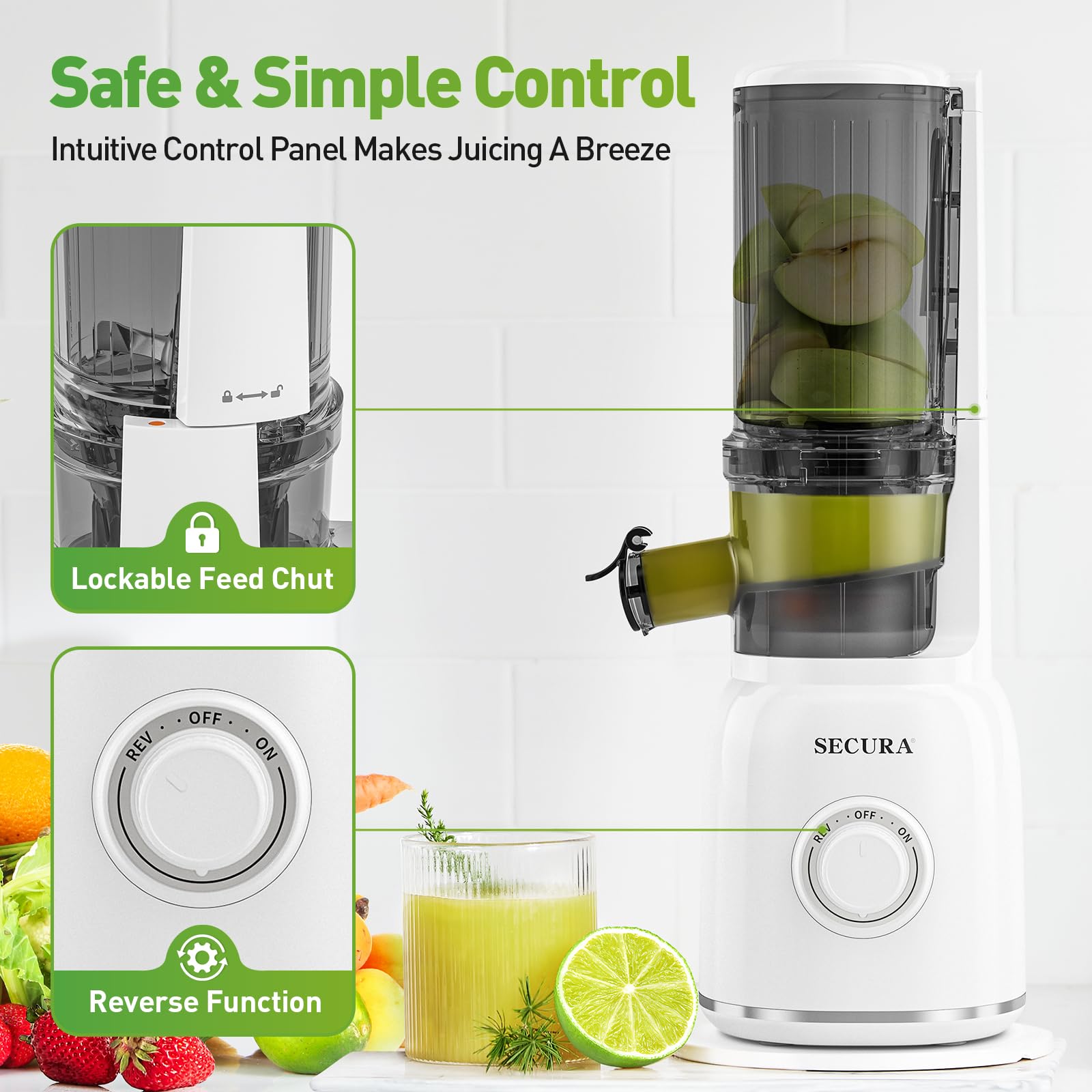 Secura Slow Juicer with Stainless Steel Prong Spiral Auger & Mesh Free Filter, Cold Press Juicer, Masticating Juicer Machines with Quiet Motor & Reverse Function for Vegetables and Fruits, White