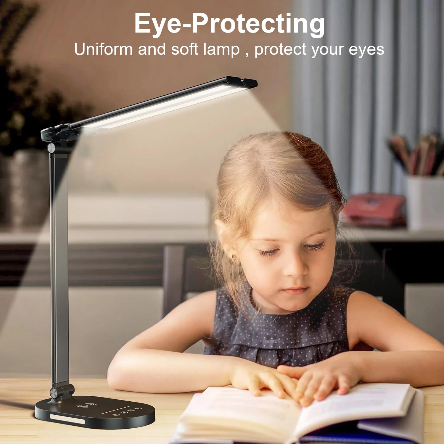 LED Desk Lamps for Home Office, Double Head Touch Desk Lamp with Wireless Charger, Dimmable Desk Light with USB Charging Port, Adjustable Reading Lamp, Eye-Caring Table Lamp with Night Light, 1H Timer