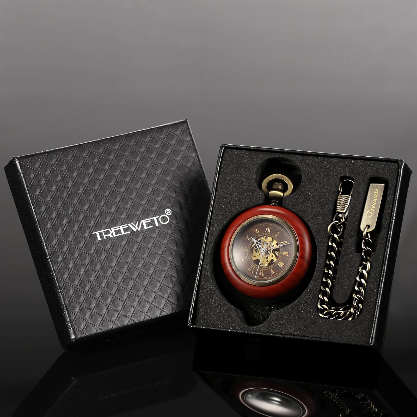 TREEWETO Vintage Wood Mechanical Pocket Watch for Men Women Steampunk Skeleton Dial with Chain + Box