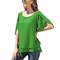 Jouica Women's Fall 3/4 Sleeve Tops Lined Flowy Chiffon Blouse Scoop Neck Shirt for Women