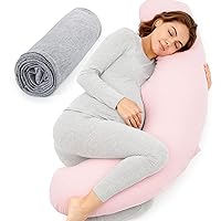 Momcozy J Shaped Pregnancy Pillows with Replacement Cover, Maternity Body Pillow for Pregnancy, Soft Pregnancy Pillow for Head Neck Belly Support, Pink