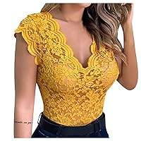 V-Neck Tops for Women, Women's Fashion Casual Sexy Slim Solid Lace V-Neck Blouse Short Sleeve Top Women Asymmetrical