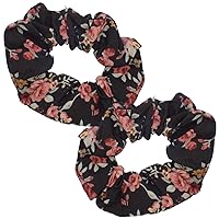 Set of 2 Floral Cotton Scrunchies for Girls & Women, Hair Accessories for Ladies & Girls, Hair Bobble, Hair Band Scrunchie (Black w/ Pink Floral)