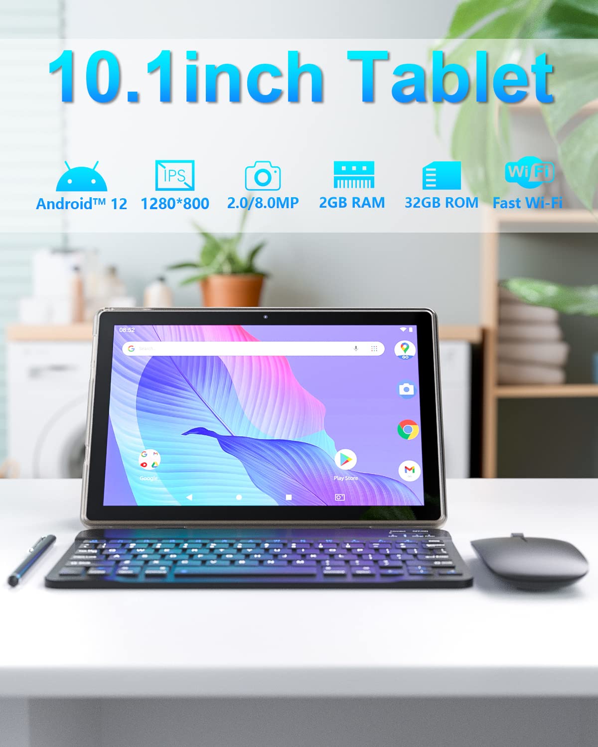 Tablet 10.1 Inch Android 12 OS Tableta, 2 in 1 Tablets with Keyboard, Mouse, Case, Stylus, Tempered Film , 32GB ROM+2GB RAM, 8MP Dual Camera, Quad Core Processor, 6000mAh Battery, 1280 * 800 FHD Tab