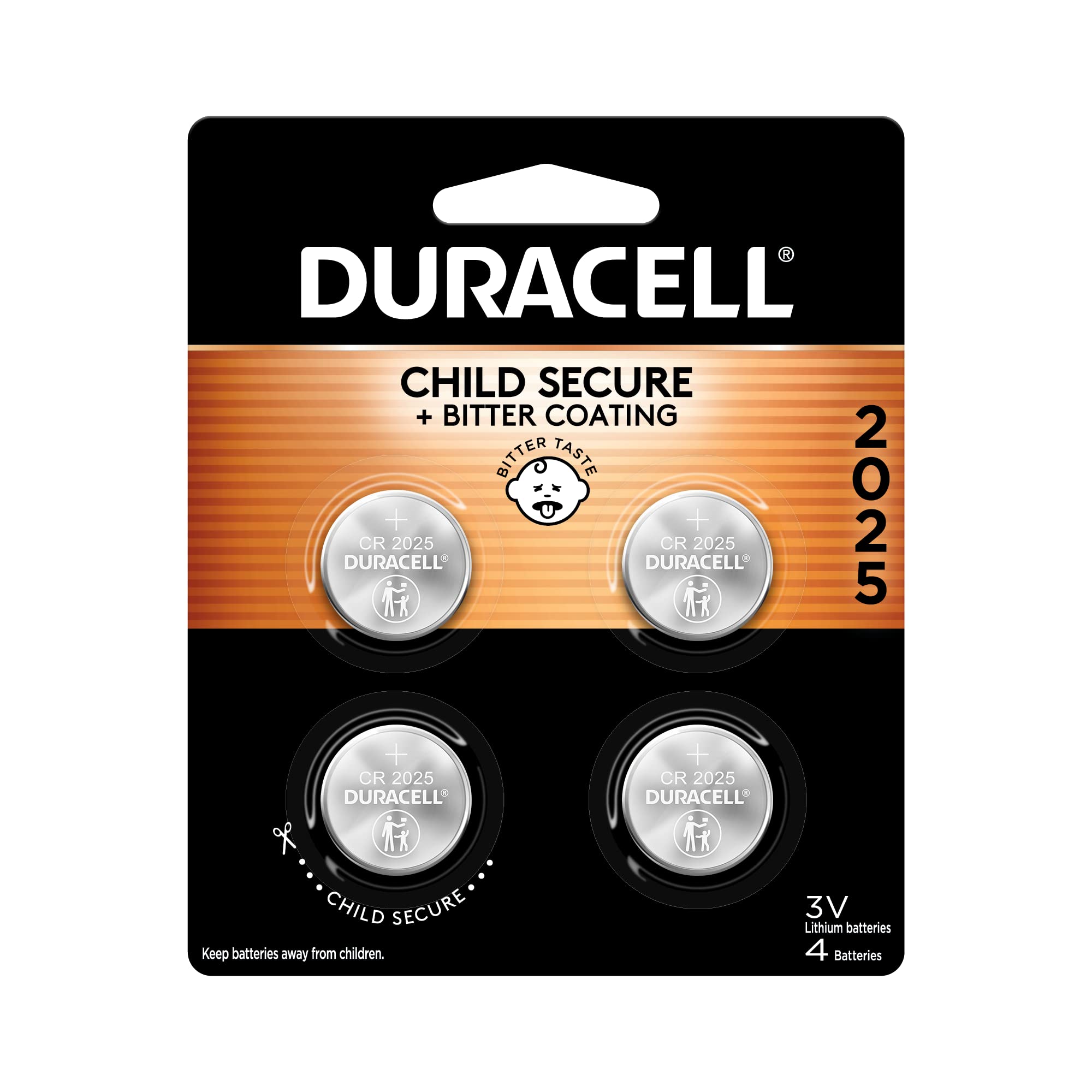 Duracell CR2025 3V Lithium Battery, Child Safety Features, 4 Count Pack, Lithium Coin Battery for Key Fob, Car Remote, Glucose Monitor, CR Lithium 3 Volt Cell