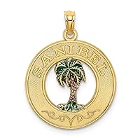 14k Gold Sanibel Round Frame With Green Palm Tree Center Charm Pendant Necklace Measures 24.2x19.2mm Wide 1.4mm Thick Jewelry for Women