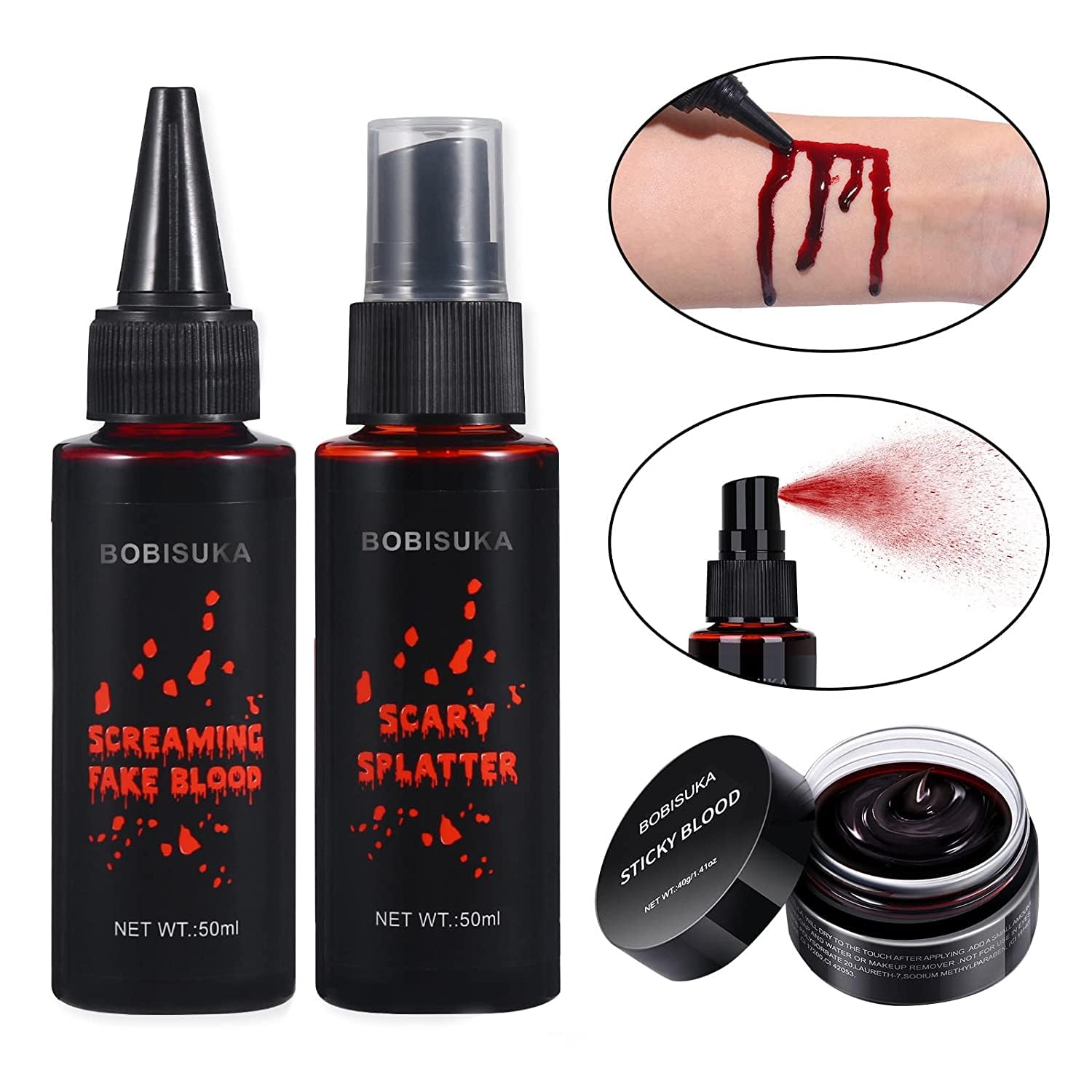 BOBISUKA 3PCS Halloween Fake Blood Makeup Kit - Coagulated Blood 1.41oz + Fake Blood Spray 1.76oz + Dripping Blood 1.76oz, Realistic Washable Special Effects SFX Makeup Set, for Zombie Vampire Monster Cosplay Mouth Clothes Dress Up