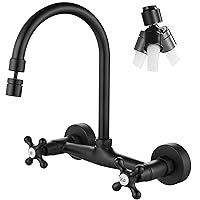 Airuida Wall Mount Kitchen Faucet Matte Black 8 Inch Center Wall Mount Faucet Kitchen with Sprayer Double Cross Handles 360 Degree Swivel Spout Kitchen Mixer Tap Commercial