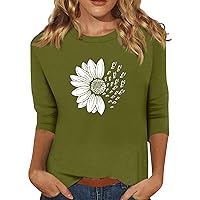 Womens 3/4 Sleeve Tops and Blouses Crew Neck Basic T-Shirts Sunflower Print Loose Cute Tunic Top Blouses