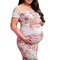 Women Off Shoulder Floral Print V-Neck Short Sleeve Maxi Dress Photography Props Maternity Long Dress