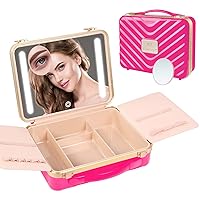 Kalolary Travel Makeup Train Cases with Lighted Mirror 3 Color Setting, Makeup Bag Cosmetic Case Organizer Adjustable Brightness Portable Makeup Storage Box with Detachable 5X Magnifying Mirror, Pink