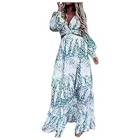 XJYIOEWT Summer Dresses for Women,Women's DressesBoho Printed Tunic Cocktail PartySexy Solid Color Dress Wrap Dress Maxi