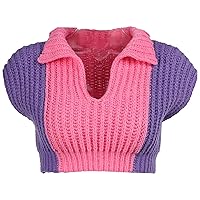 FEESHOW Womens Color Block Knitted Crop Tops Cap Sleeve Ribbed Knit Tee Shirt Top Knitwear Y2K