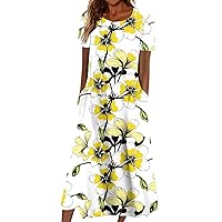 Short-Sleeve Dress Womens Dressy Round Neck Trendy Dresses Beach Fashion Summer Swing Floral Print Basic with Pocket