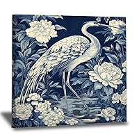 WoGuangis Chinoiserie Crane Bird Peacock Canvas Wall Art Print Blue Flower and Bird Asian Garden Wall Art Picture Canvas Print Chinoiserie Canvas Prints for Living Room Bedroom 12x12in