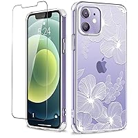 Flower Designed for iPhone 12/12 Pro Case with Screen Protector, Floral Slim Fit Clear Women Phone Case Shockproof Protective Hard PC+TPU Bumper Cover 6.1 Inch 2020