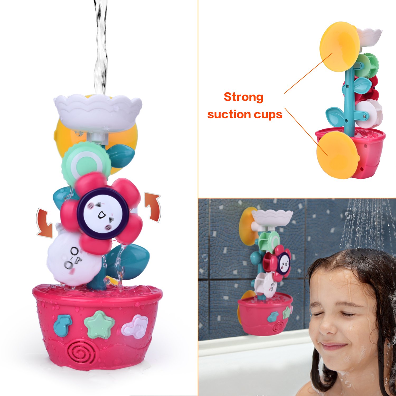 16 PCs Bath Toys for Toddlers, Flower Waterfall Water Station Garden Squirter Toys, Stacking Cups Watering Can, Bath Toy Organizer Included for Kids Toddlers