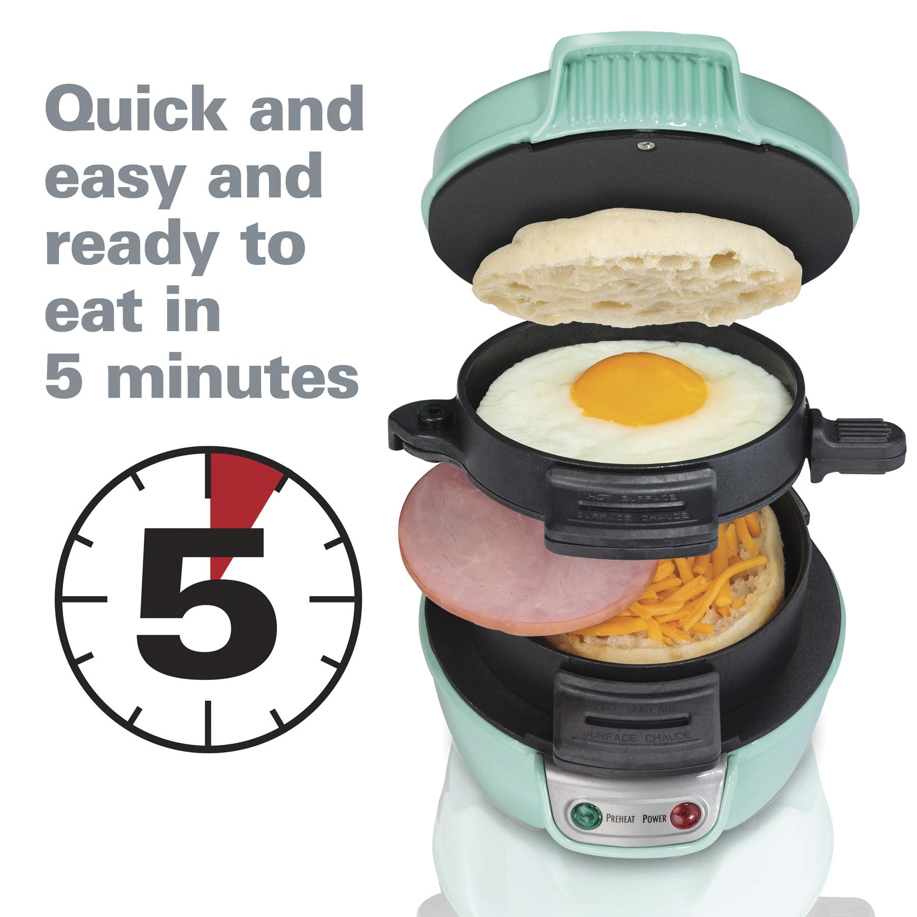 Hamilton Beach Breakfast Sandwich Maker with Egg Cooker Ring, Customize Ingredients, Perfect for English Muffins, Croissants, Mini Waffles, Dorm Room Essentials, Mint (25482)
