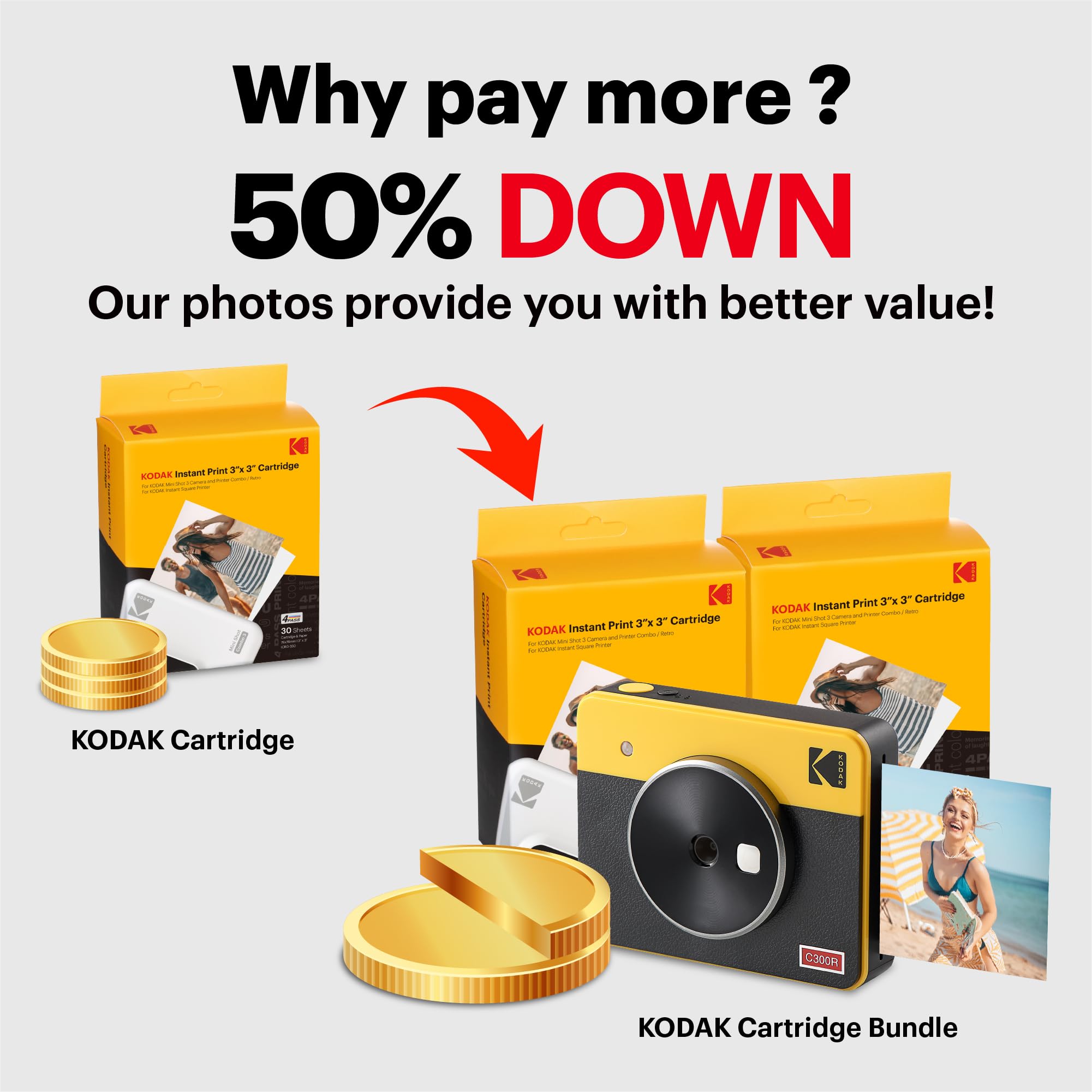 KODAK Mini Shot 3 Retro 4PASS 2-in-1 Instant Digital Camera and Photo Printer (3x3 inches) + 68 Sheets Cartridge Bundle, White