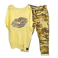 Oversized Cotton Linen Sets for Women Half Sleeve Leopard Lips Tees Comfy Camo Pant Set Casual Tracksuit Outfits