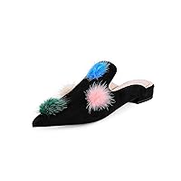 Mules for Women Pointed Toe Comfortable Flats Backless Loafers with Pom Poms