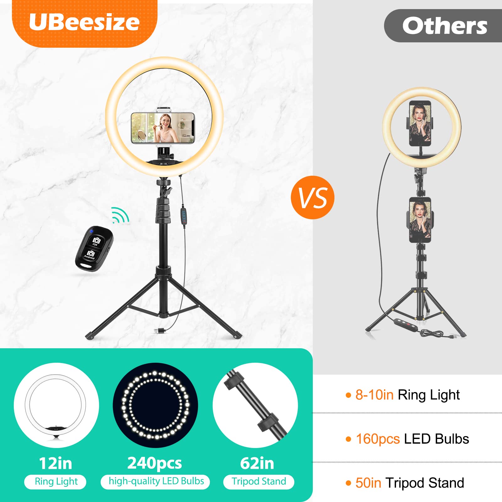 UBeesize 12'' Ring Light with 62'' Selfie Stick Tripod, LED Ring Light with Stand and Phone Holder for Recording/Makeup/YouTube/TIK Tok, Compatible with Cell Phone, Camera