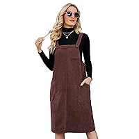 Flygo Women's Corduroy Jumper Overall Pinafore Midi Dress Skirt with Pockets