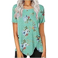 Womens Tunic Tops Asymmetric Hem Short Sleeve Tshirts Summer Casual Floral Print Button Side Crew Neck Blouses for Leggings