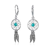 Bling Jewelry Western Boho Turquoise Accent Native American Indian Multi Feathers Leaf Dream Catcher Earrings Pendant Necklace For Women Teens Oxidized .925 Sterling Silver