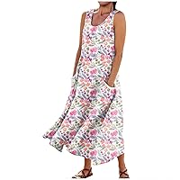 Sun Dress for Women Beach Dresses for Women 2024 Floral Print Bohemian Casual Loose Fit Flowy with Sleeveless U Neck Linen Dress Pink XX-Large