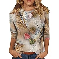 Plus Size Tops for Women,Round Neck Vintage Print Graphic Shirt 3/4 Length Sleeve Womens Tops Going Out Tops for Women