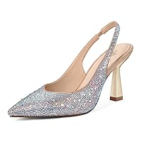 MUCCCUTE Women's Slingback Heels Pointed Closed Toe Pumps with Rhinestone Glitter Kitten Shoes for Prom Wedding Dresses