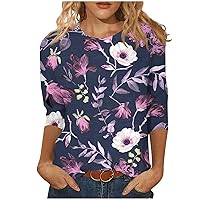 Womens Shirts Dressy Casual,Women's Fashion Casual Round Neck Three Quarter Sleeve Printed T-Shirt Top